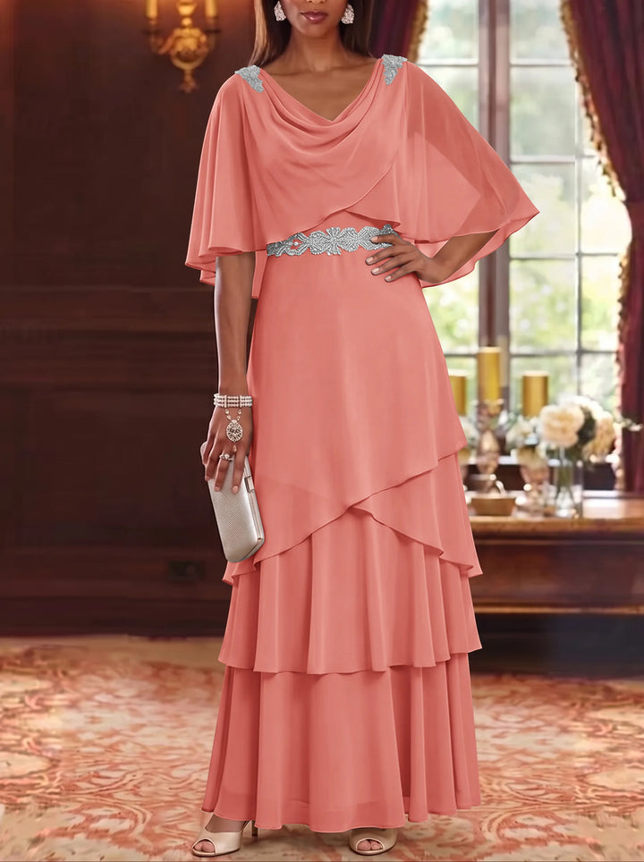 A-Line/Princess Cowl Neck Chiffon Mother of the Bride Dresses Floor-Length Ruffles Cape Sleeves Sash