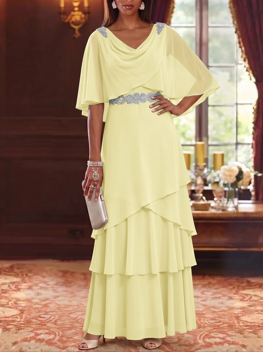 A-Line/Princess Cowl Neck Chiffon Mother of the Bride Dresses Floor-Length Ruffles Cape Sleeves Sash
