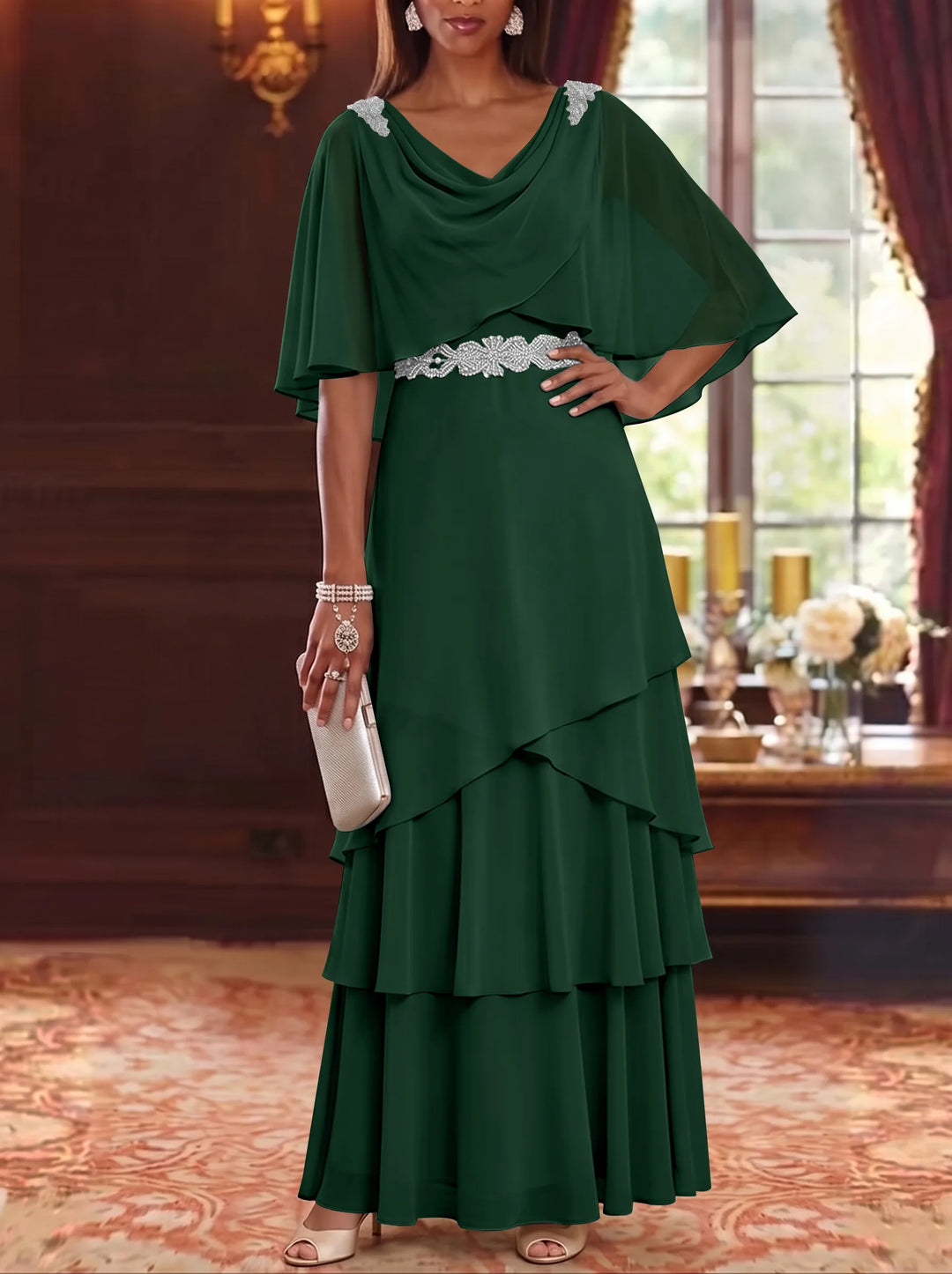 A-Line/Princess Cowl Neck Chiffon Mother of the Bride Dresses Floor-Length Ruffles Cape Sleeves Sash