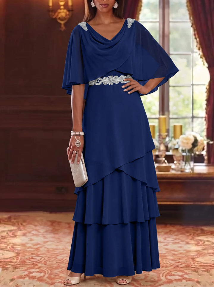 A-Line/Princess Cowl Neck Chiffon Mother of the Bride Dresses Floor-Length Ruffles Cape Sleeves Sash