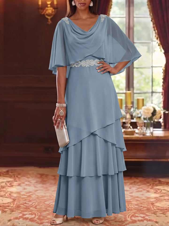 A-Line/Princess Cowl Neck Chiffon Mother of the Bride Dresses Floor-Length Ruffles Cape Sleeves Sash