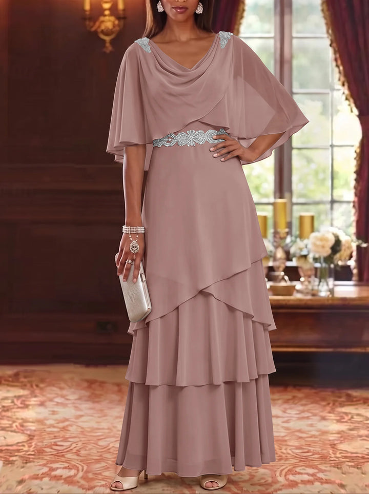 A-Line/Princess Cowl Neck Chiffon Mother of the Bride Dresses Floor-Length Ruffles Cape Sleeves Sash