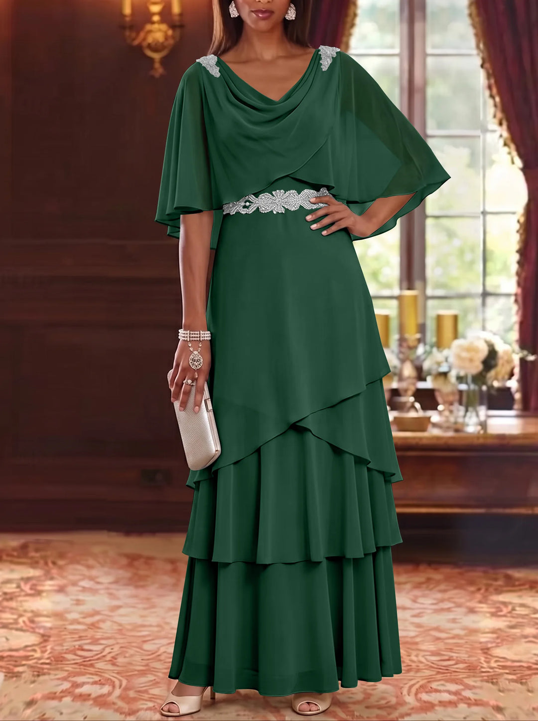 A-Line/Princess Cowl Neck Chiffon Mother of the Bride Dresses Floor-Length Ruffles Cape Sleeves Sash