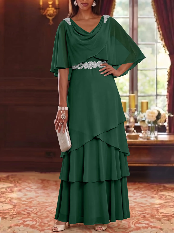 A-Line/Princess Cowl Neck Chiffon Mother of the Bride Dresses Floor-Length Ruffles Cape Sleeves Sash