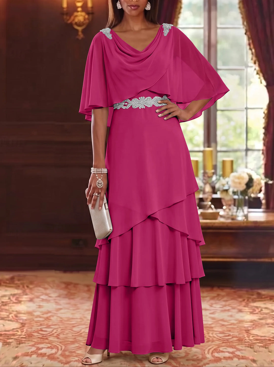 A-Line/Princess Cowl Neck Chiffon Mother of the Bride Dresses Floor-Length Ruffles Cape Sleeves Sash