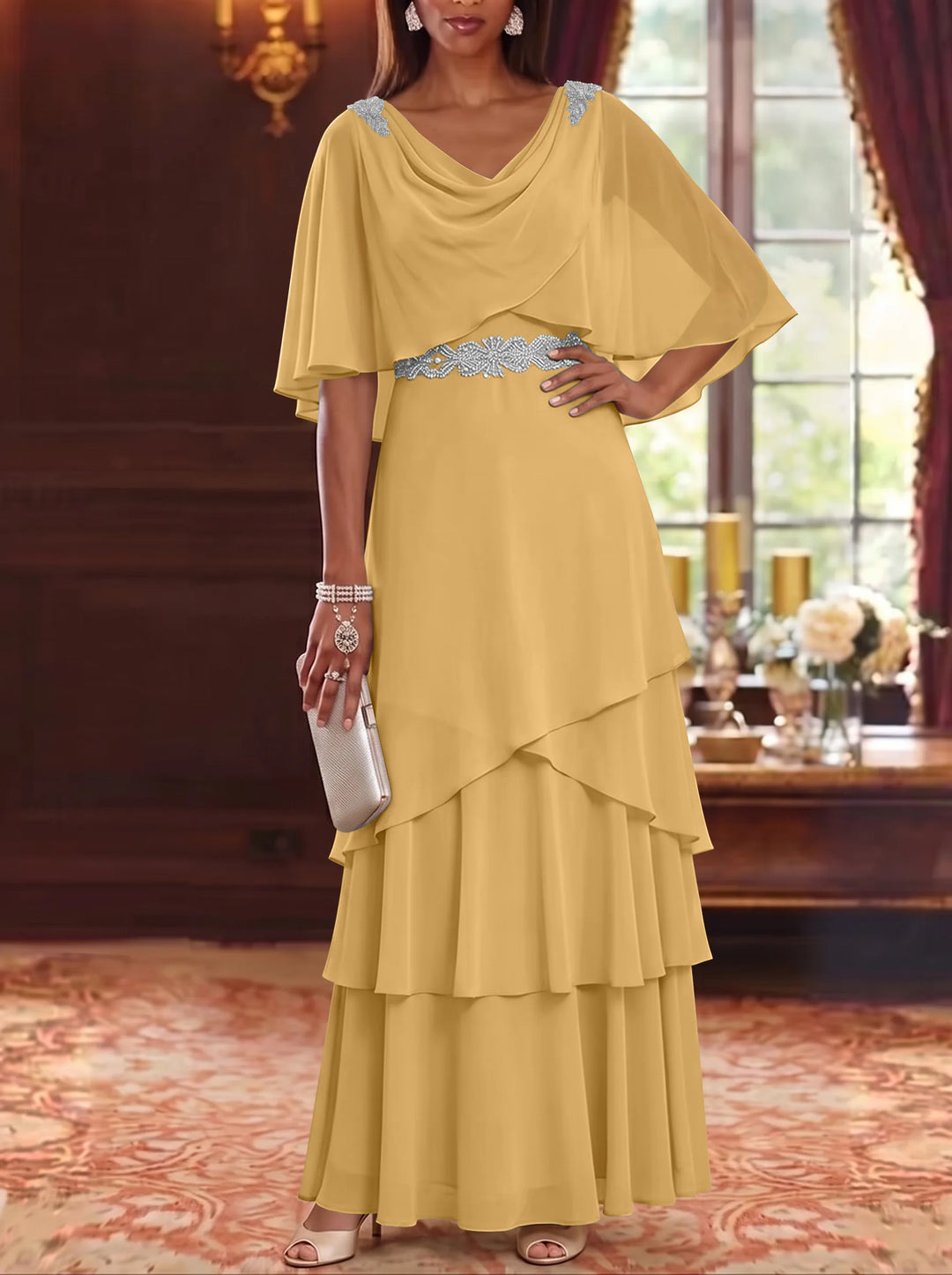 A-Line/Princess Cowl Neck Chiffon Mother of the Bride Dresses Floor-Length Ruffles Cape Sleeves Sash
