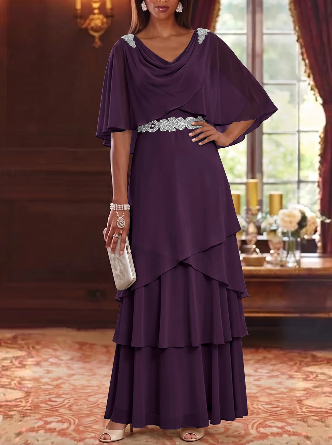 A-Line/Princess Cowl Neck Chiffon Mother of the Bride Dresses Floor-Length Ruffles Cape Sleeves Sash