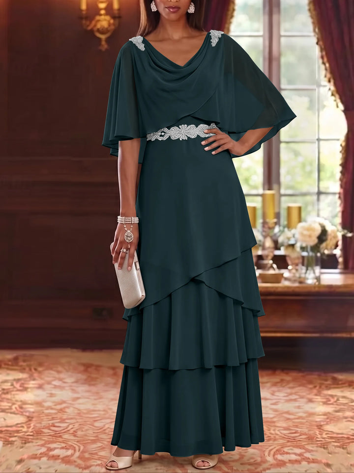 A-Line/Princess Cowl Neck Chiffon Mother of the Bride Dresses Floor-Length Ruffles Cape Sleeves Sash