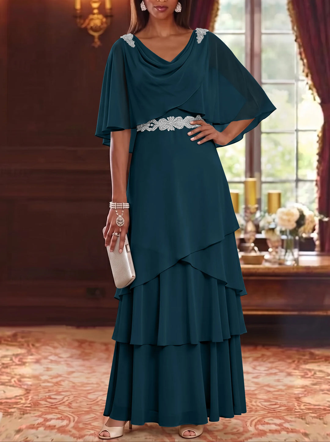A-Line/Princess Cowl Neck Chiffon Mother of the Bride Dresses Floor-Length Ruffles Cape Sleeves Sash