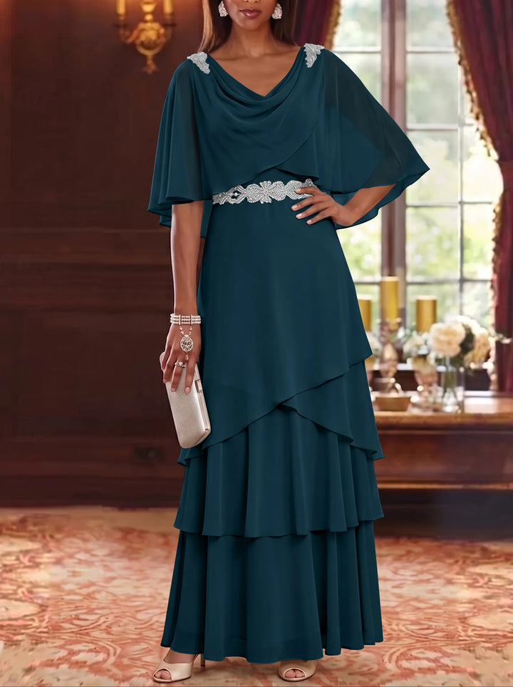 A-Line/Princess Cowl Neck Chiffon Mother of the Bride Dresses Floor-Length Ruffles Cape Sleeves Sash