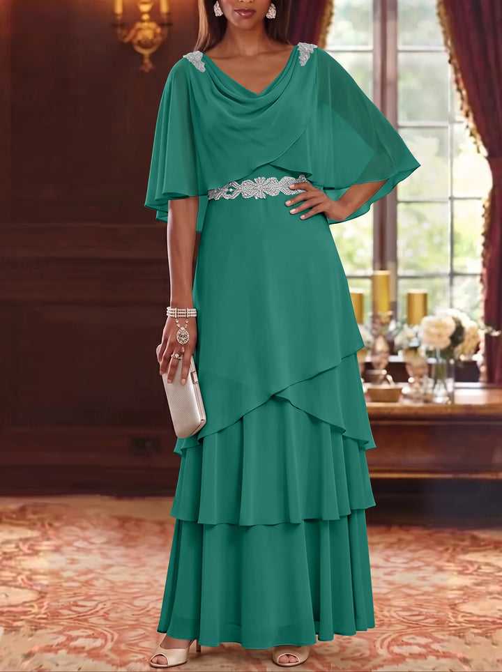 A-Line/Princess Cowl Neck Chiffon Mother of the Bride Dresses Floor-Length Ruffles Cape Sleeves Sash