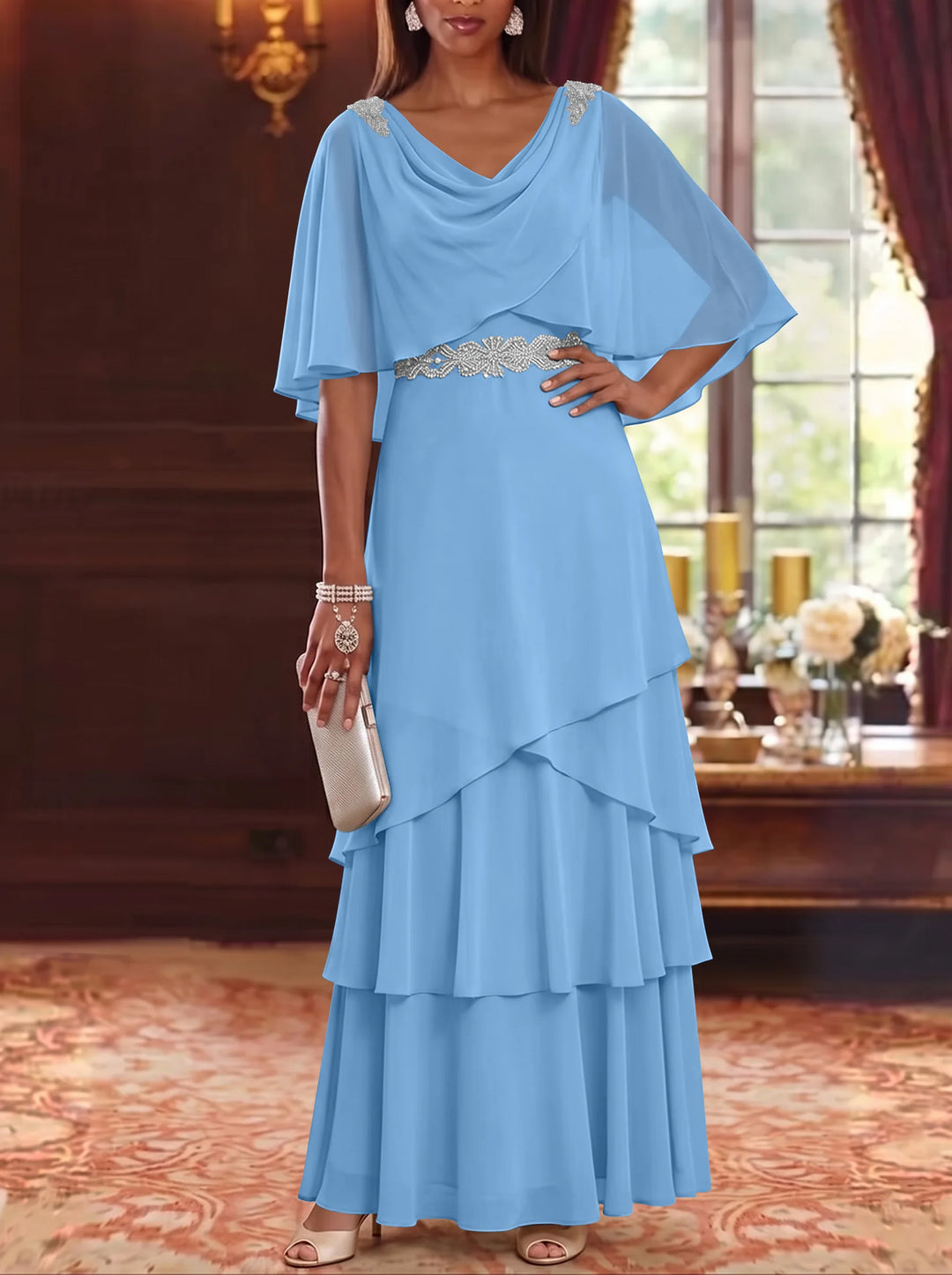 A-Line/Princess Cowl Neck Chiffon Mother of the Bride Dresses Floor-Length Ruffles Cape Sleeves Sash