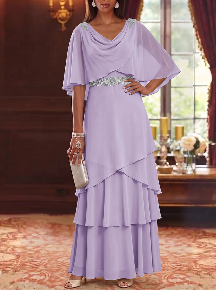 A-Line/Princess Cowl Neck Chiffon Mother of the Bride Dresses Floor-Length Ruffles Cape Sleeves Sash