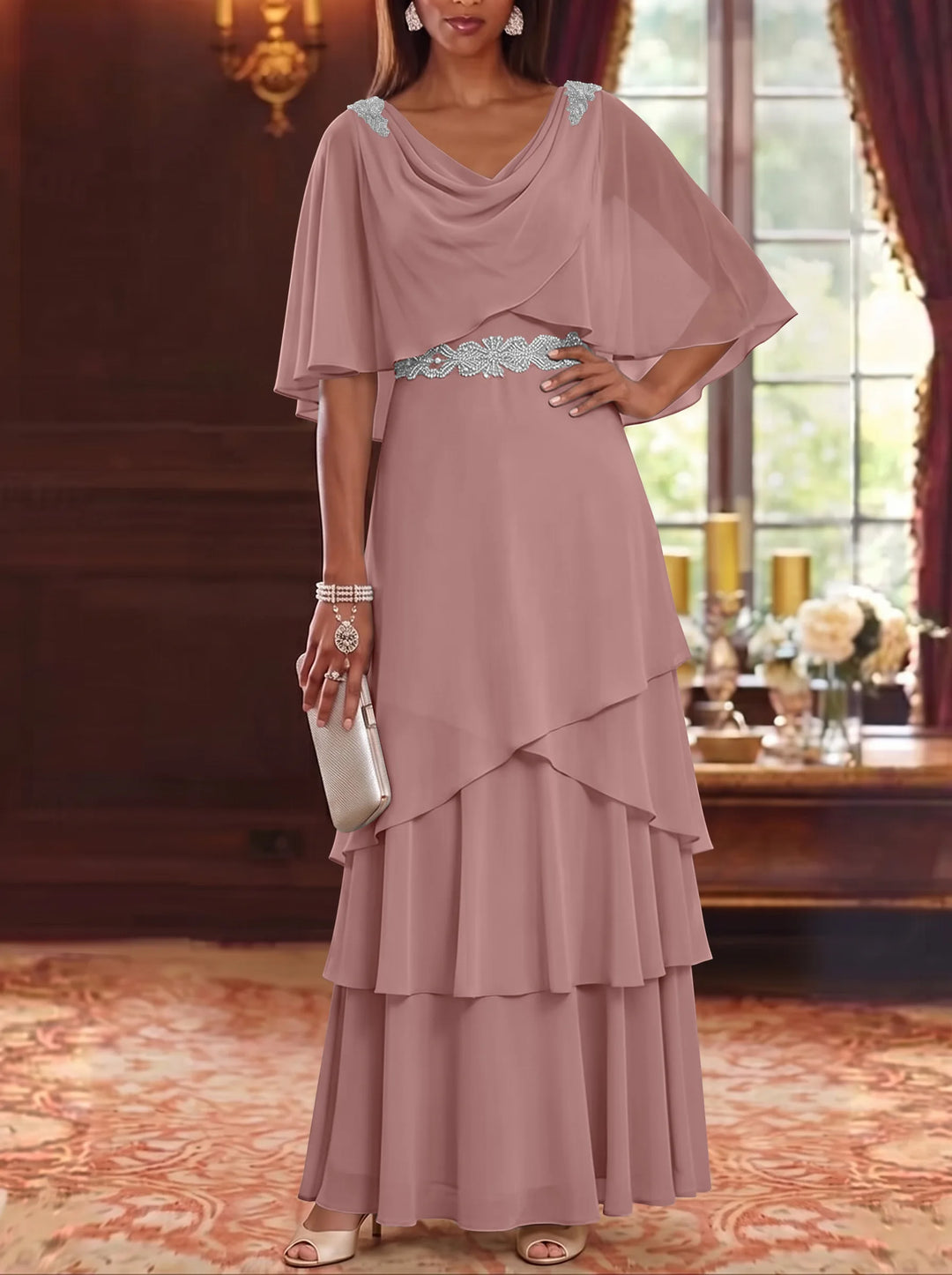 A-Line/Princess Cowl Neck Chiffon Mother of the Bride Dresses Floor-Length Ruffles Cape Sleeves Sash