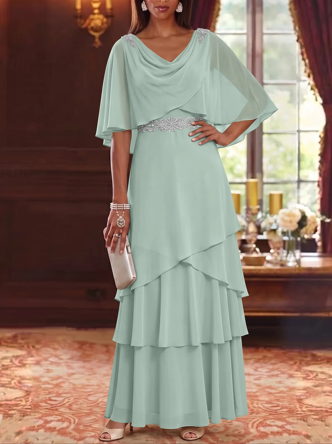 A-Line/Princess Cowl Neck Chiffon Mother of the Bride Dresses Floor-Length Ruffles Cape Sleeves Sash