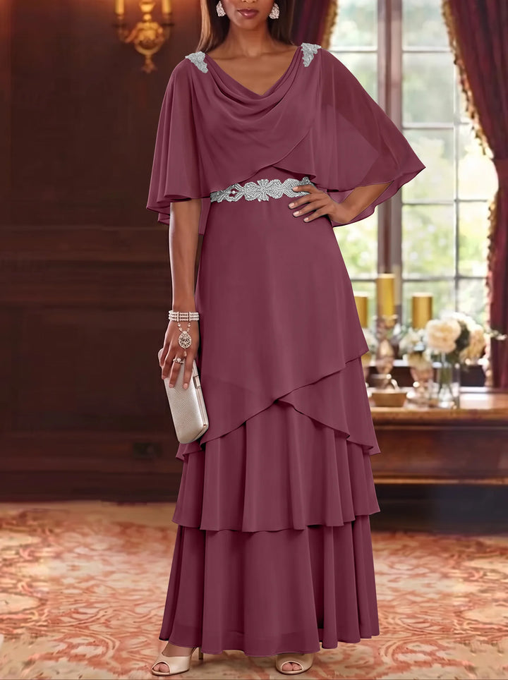 A-Line/Princess Cowl Neck Chiffon Mother of the Bride Dresses Floor-Length Ruffles Cape Sleeves Sash