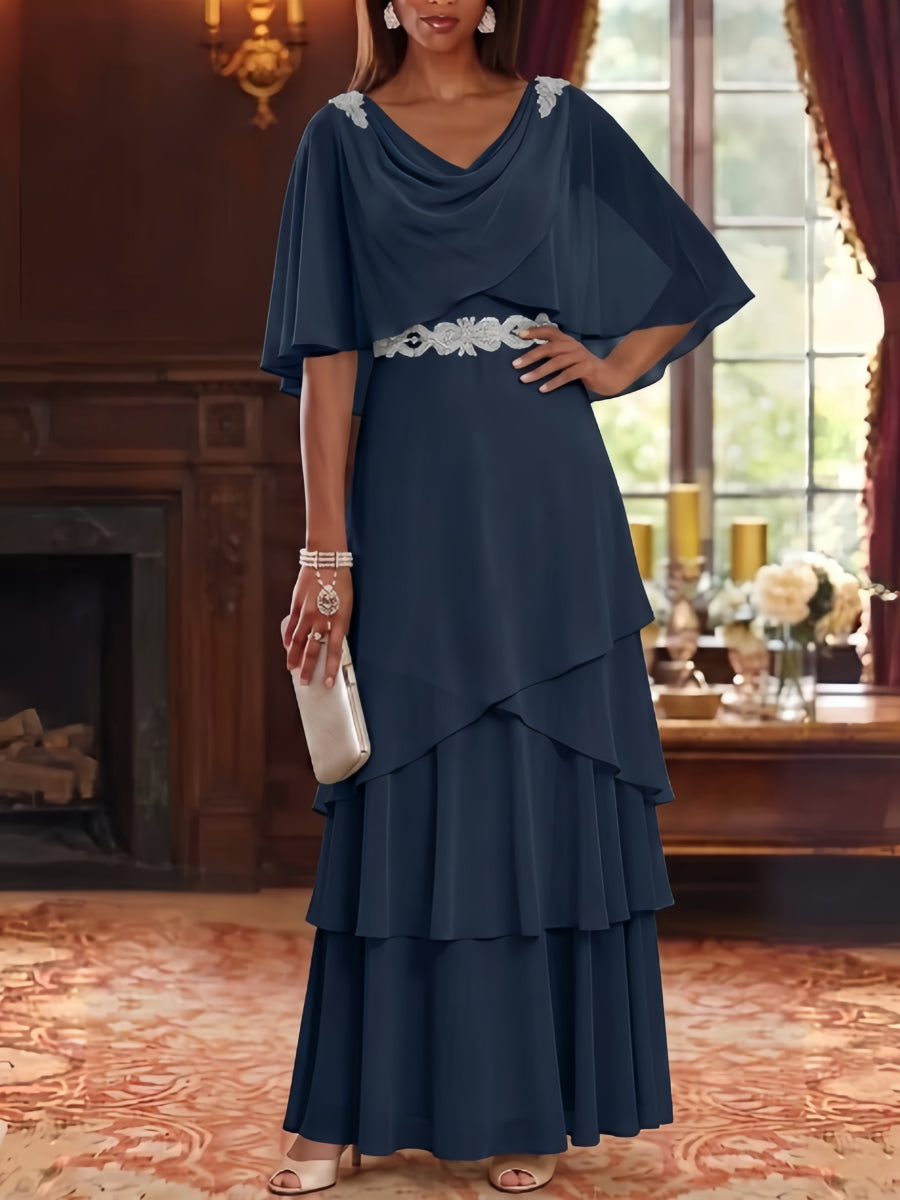 A-Line/Princess Cowl Neck Chiffon Mother of the Bride Dresses Floor-Length Ruffles Cape Sleeves Sash
