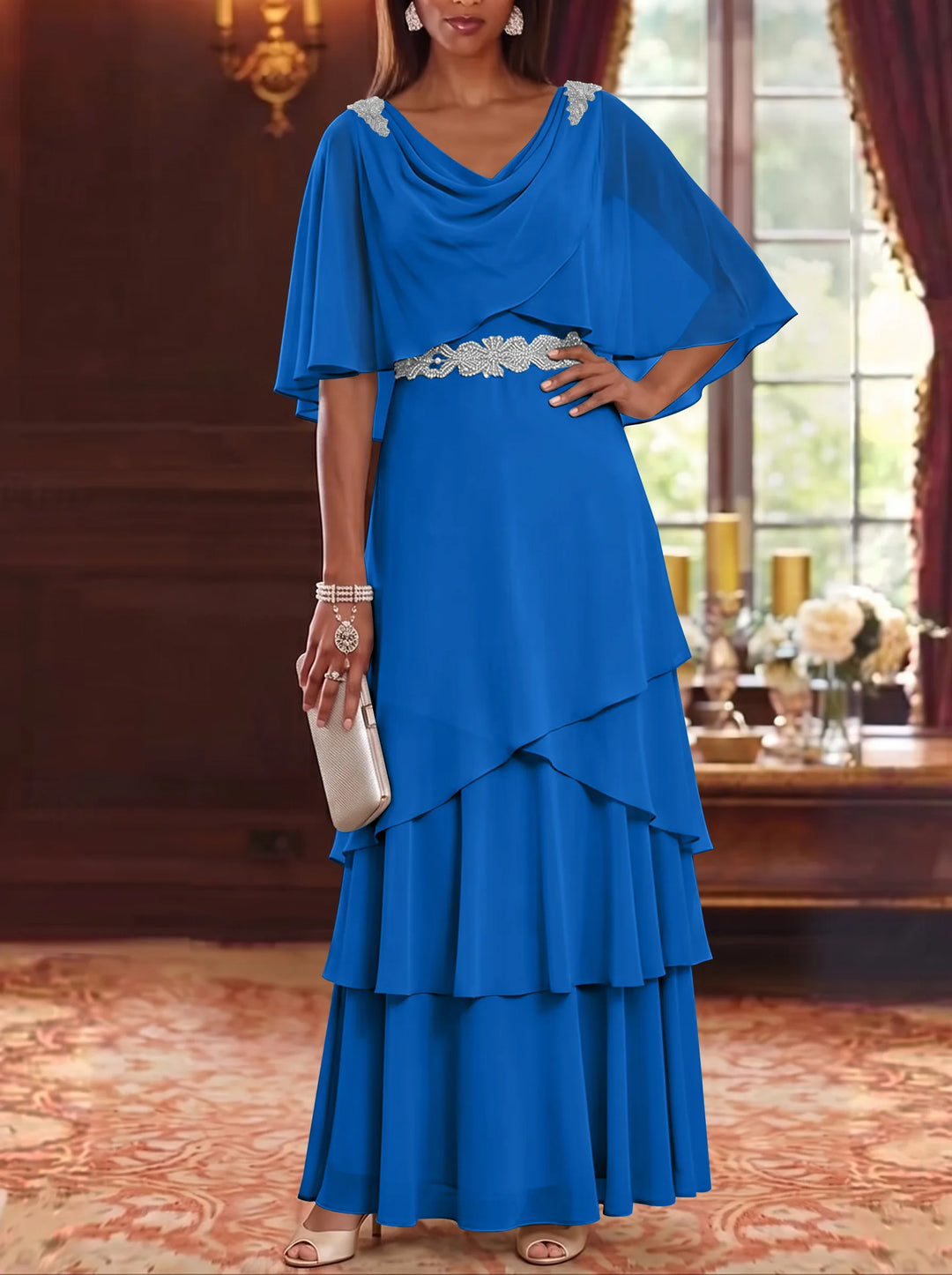 A-Line/Princess Cowl Neck Chiffon Mother of the Bride Dresses Floor-Length Ruffles Cape Sleeves Sash