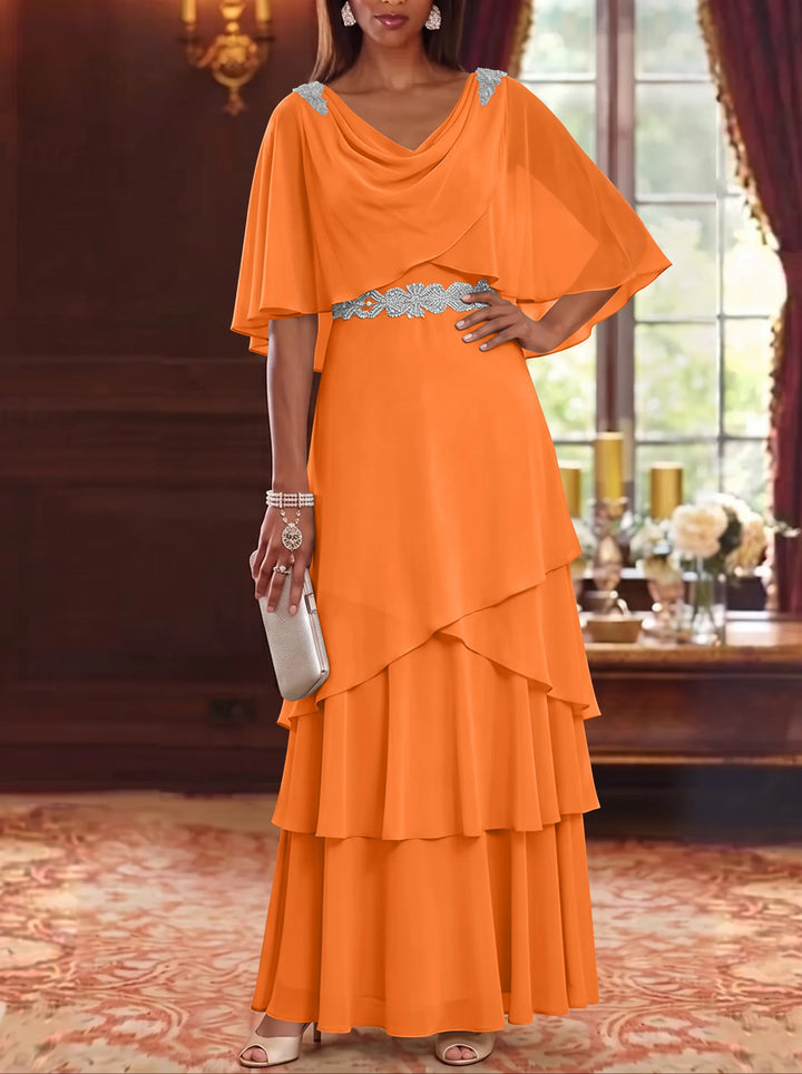 A-Line/Princess Cowl Neck Chiffon Mother of the Bride Dresses Floor-Length Ruffles Cape Sleeves Sash