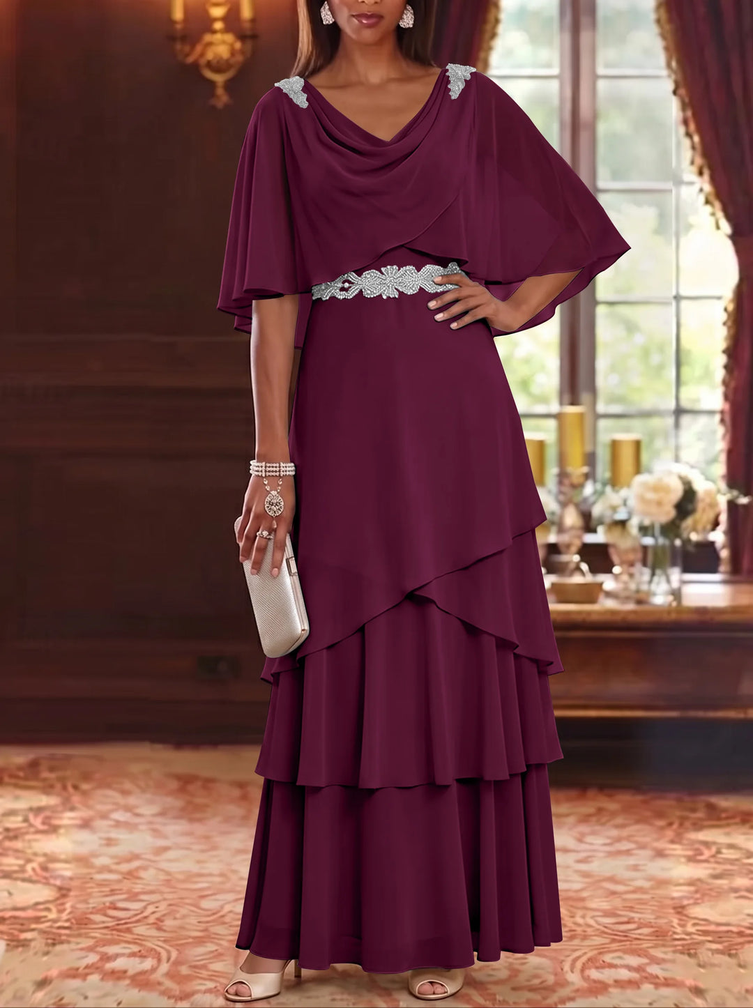 A-Line/Princess Cowl Neck Chiffon Mother of the Bride Dresses Floor-Length Ruffles Cape Sleeves Sash