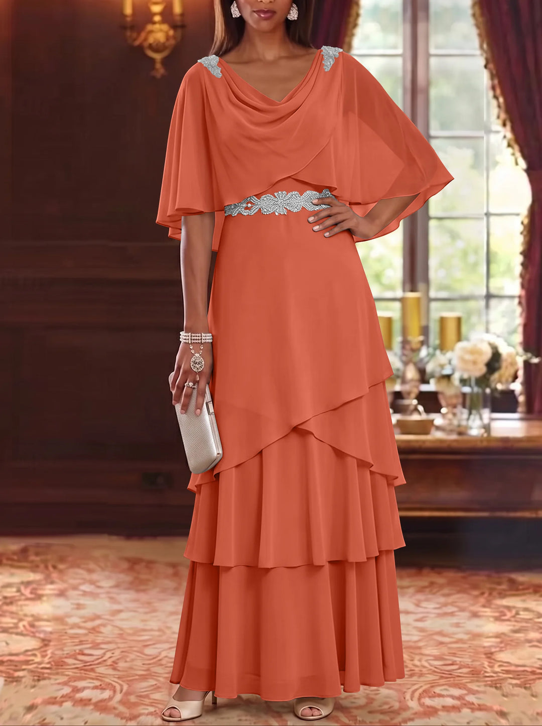 A-Line/Princess Cowl Neck Chiffon Mother of the Bride Dresses Floor-Length Ruffles Cape Sleeves Sash