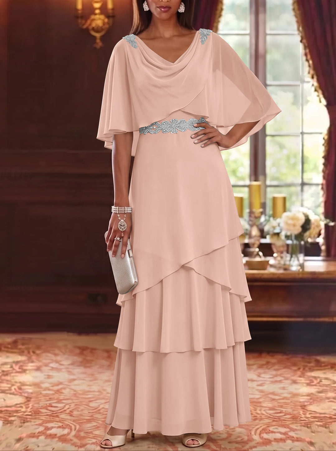 A-Line/Princess Cowl Neck Chiffon Mother of the Bride Dresses Floor-Length Ruffles Cape Sleeves Sash