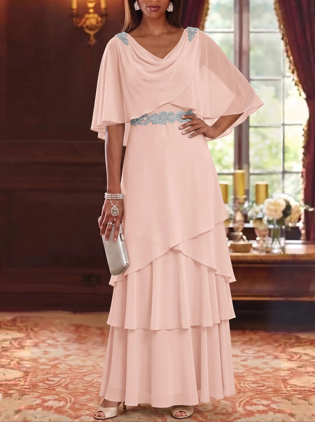 A-Line/Princess Cowl Neck Chiffon Mother of the Bride Dresses Floor-Length Ruffles Cape Sleeves Sash