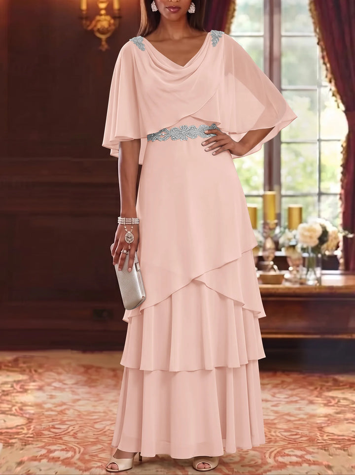 A-Line/Princess Cowl Neck Chiffon Mother of the Bride Dresses Floor-Length Ruffles Cape Sleeves Sash