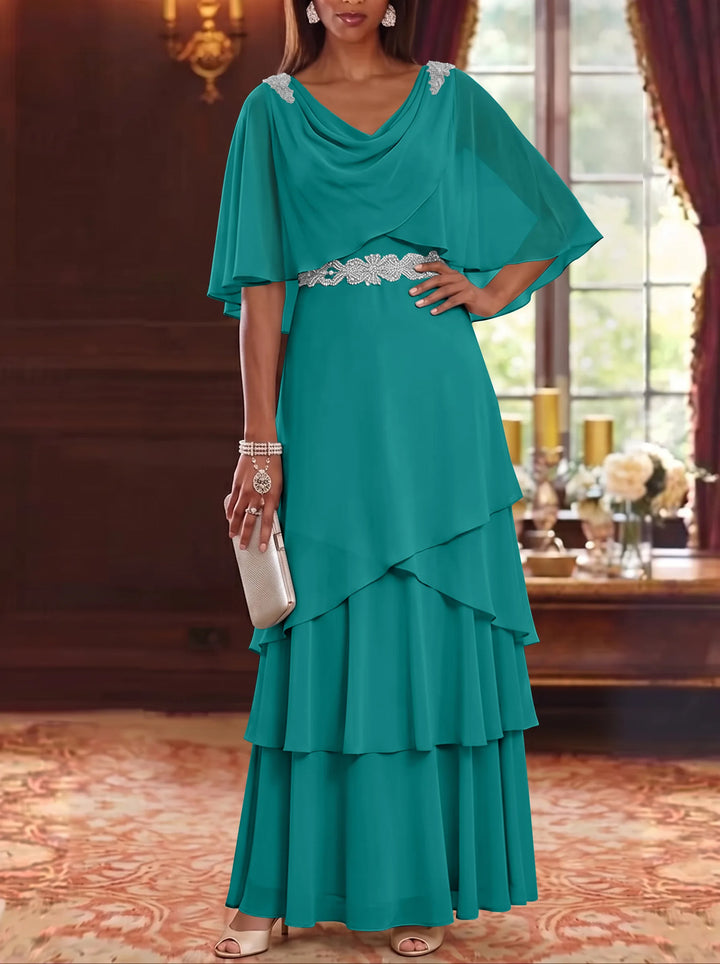 A-Line/Princess Cowl Neck Chiffon Mother of the Bride Dresses Floor-Length Ruffles Cape Sleeves Sash
