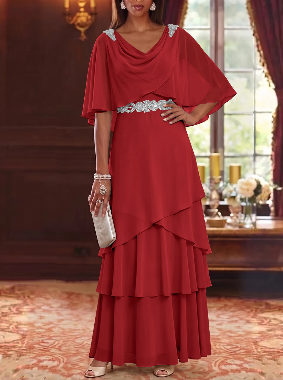 A-Line/Princess Cowl Neck Chiffon Mother of the Bride Dresses Floor-Length Ruffles Cape Sleeves Sash
