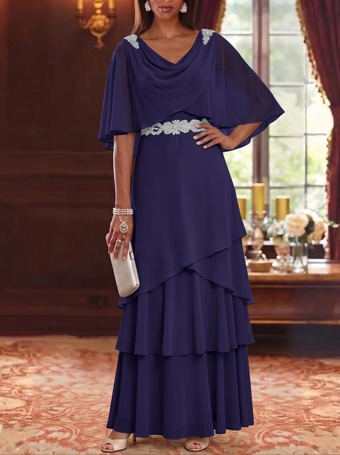 A-Line/Princess Cowl Neck Chiffon Mother of the Bride Dresses Floor-Length Ruffles Cape Sleeves Sash