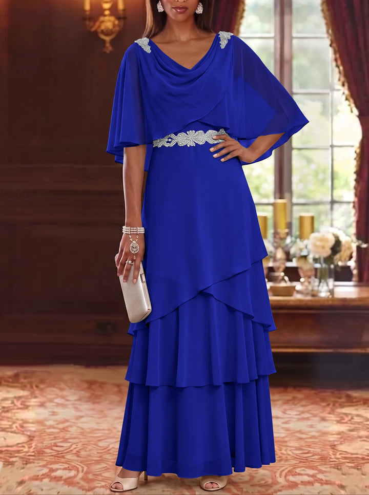 A-Line/Princess Cowl Neck Chiffon Mother of the Bride Dresses Floor-Length Ruffles Cape Sleeves Sash