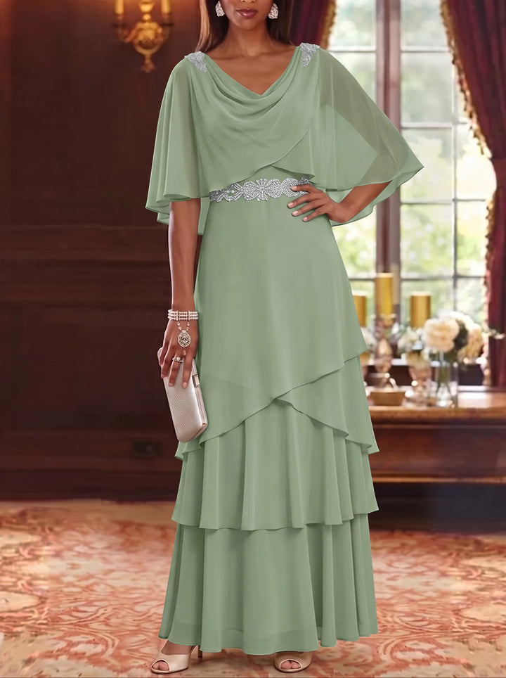 A-Line/Princess Cowl Neck Chiffon Mother of the Bride Dresses Floor-Length Ruffles Cape Sleeves Sash