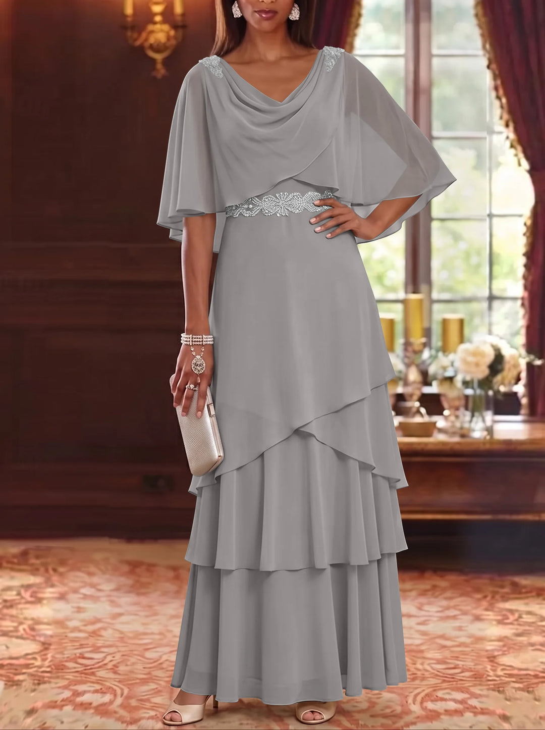 A-Line/Princess Cowl Neck Chiffon Mother of the Bride Dresses Floor-Length Ruffles Cape Sleeves Sash