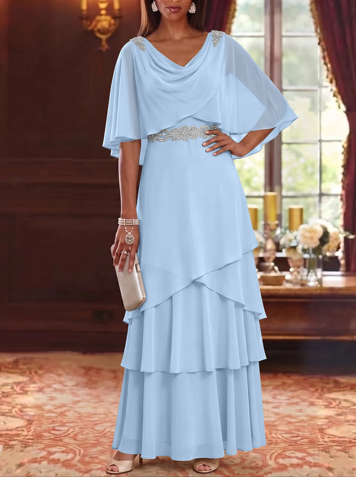 A-Line/Princess Cowl Neck Chiffon Mother of the Bride Dresses Floor-Length Ruffles Cape Sleeves Sash