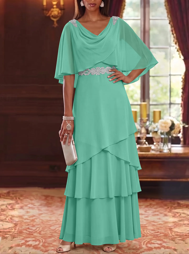 A-Line/Princess Cowl Neck Chiffon Mother of the Bride Dresses Floor-Length Ruffles Cape Sleeves Sash