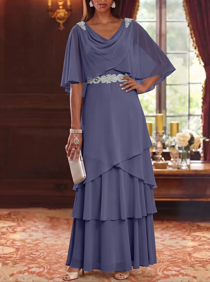 A-Line/Princess Cowl Neck Chiffon Mother of the Bride Dresses Floor-Length Ruffles Cape Sleeves Sash