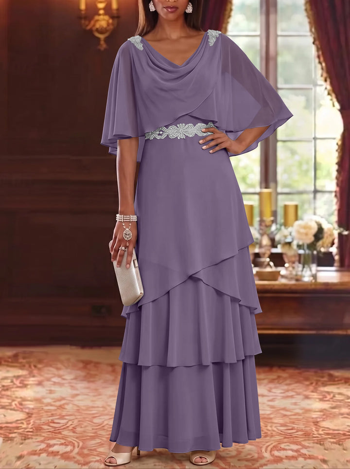 A-Line/Princess Cowl Neck Chiffon Mother of the Bride Dresses Floor-Length Ruffles Cape Sleeves Sash
