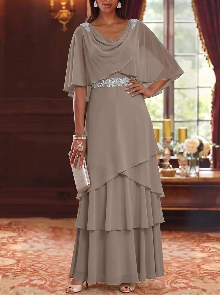 A-Line/Princess Cowl Neck Chiffon Mother of the Bride Dresses Floor-Length Ruffles Cape Sleeves Sash