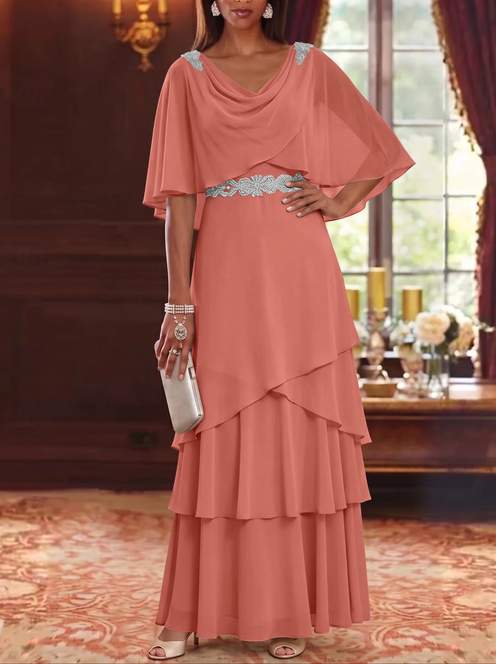 A-Line/Princess Cowl Neck Chiffon Mother of the Bride Dresses Floor-Length Ruffles Cape Sleeves Sash