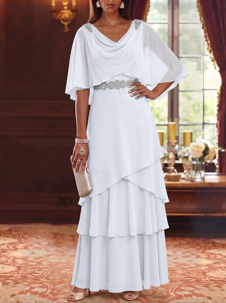 A-Line/Princess Cowl Neck Chiffon Mother of the Bride Dresses Floor-Length Ruffles Cape Sleeves Sash