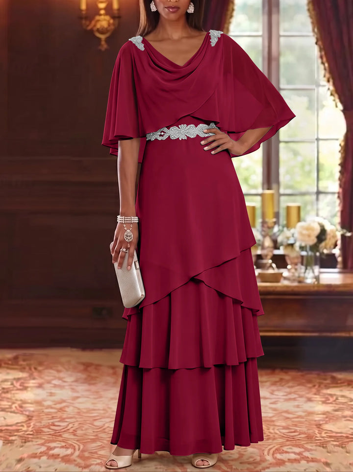 A-Line/Princess Cowl Neck Chiffon Mother of the Bride Dresses Floor-Length Ruffles Cape Sleeves Sash