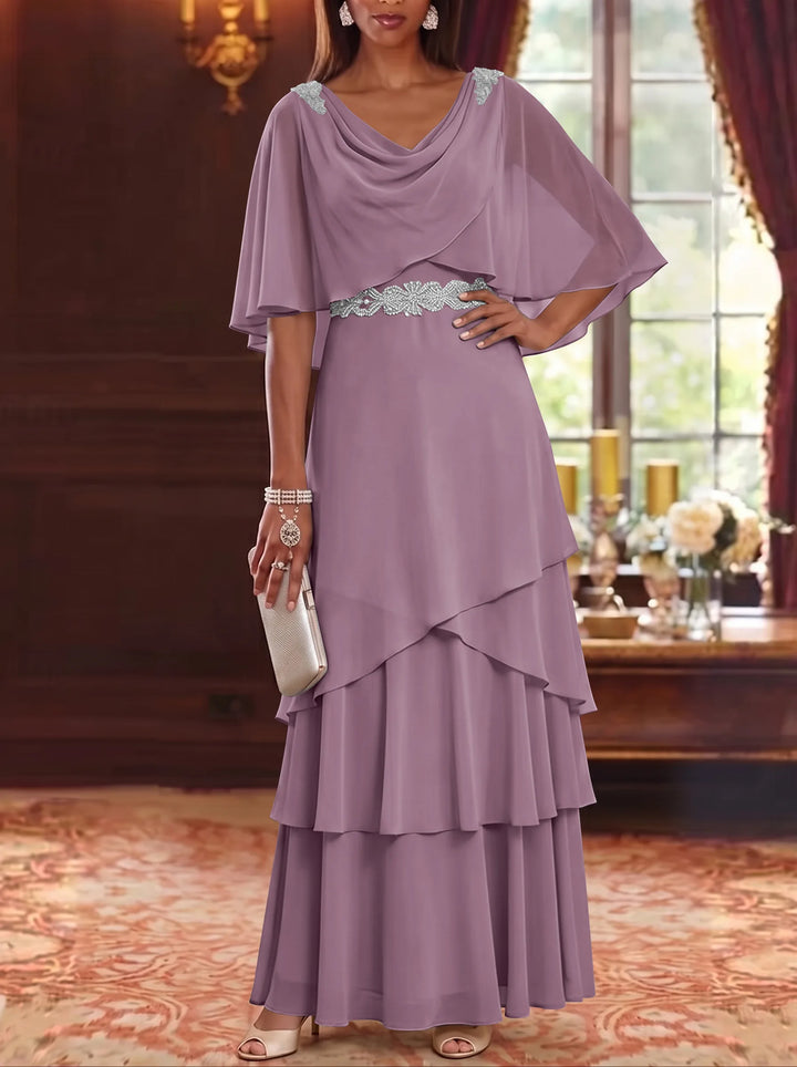 A-Line/Princess Cowl Neck Chiffon Mother of the Bride Dresses Floor-Length Ruffles Cape Sleeves Sash