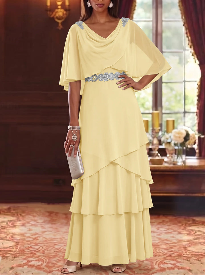 A-Line/Princess Cowl Neck Chiffon Mother of the Bride Dresses Floor-Length Ruffles Cape Sleeves Sash