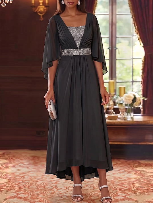 A-Line/Princess Square Collar Chiffon Mother of the Bride Dresses Sequins High-Low Tea-Length 3/4 Sleeves Sash