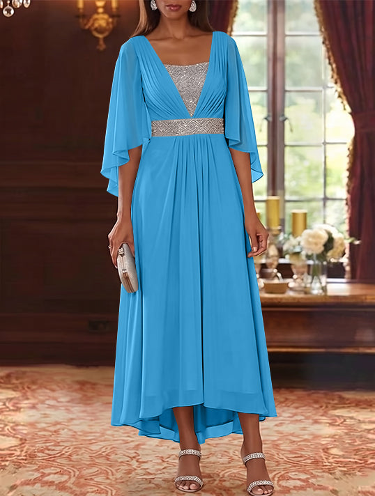 A-Line/Princess Square Collar Chiffon Mother of the Bride Dresses Sequins High-Low Tea-Length 3/4 Sleeves Sash