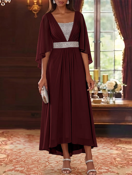 A-Line/Princess Square Collar Chiffon Mother of the Bride Dresses Sequins High-Low Tea-Length 3/4 Sleeves Sash