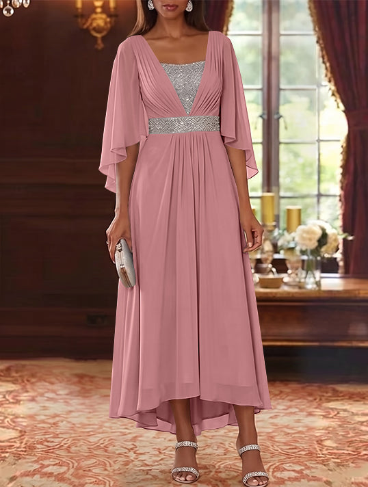 A-Line/Princess Square Collar Chiffon Mother of the Bride Dresses Sequins High-Low Tea-Length 3/4 Sleeves Sash