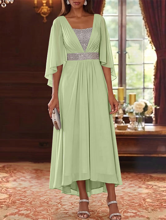 A-Line/Princess Square Collar Chiffon Mother of the Bride Dresses Sequins High-Low Tea-Length 3/4 Sleeves Sash