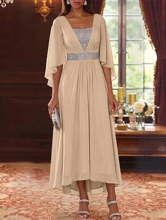 A-Line/Princess Square Collar Chiffon Mother of the Bride Dresses Sequins High-Low Tea-Length 3/4 Sleeves Sash
